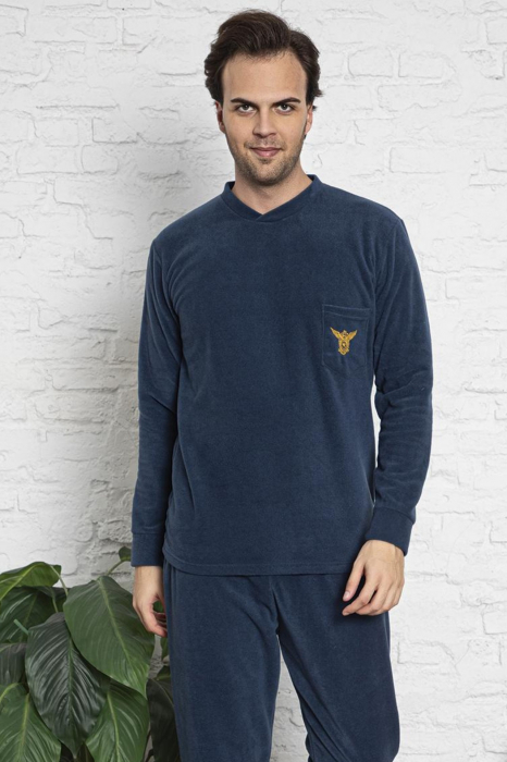 Pijama barbat, material soft polar moale si calduros, cu maneci si pantaloni lungi, albastru [3]