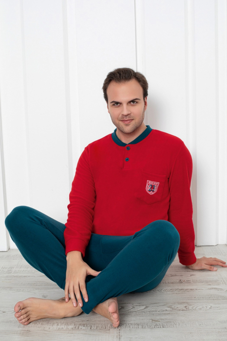 Pijama barbati cocolino, material soft polar moale si calduros, rosu/bleumarin, embody.ro [2]