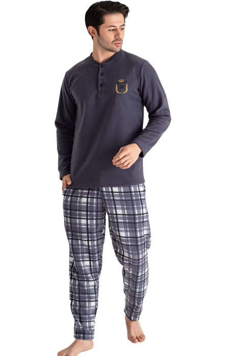 Pijama barbat cocolino, material soft polar moale si calduros, maneci si pantaloni in carouri lungi, gri, embody.ro [4]