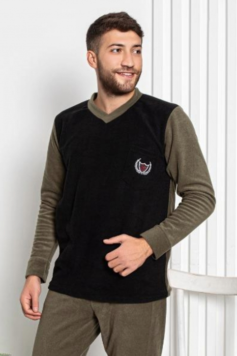 Pijama barbat, material soft polar moale si calduros, cu maneci si pantaloni lungi, kaki/negru, embody.ro [4]