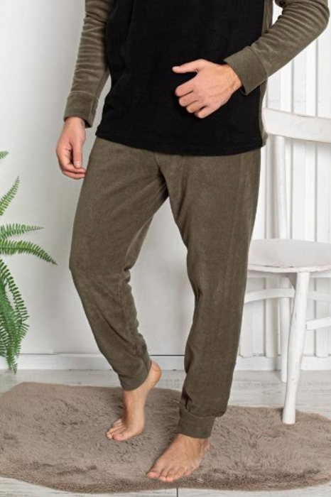 Pijama barbat, material soft polar moale si calduros, cu maneci si pantaloni lungi, kaki/negru, embody.ro [3]