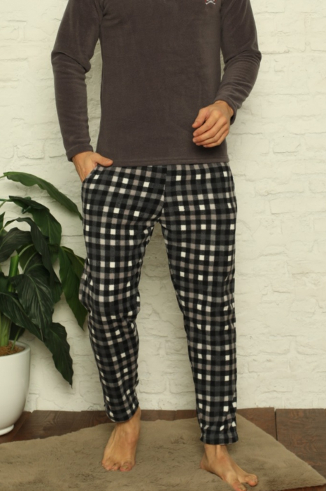 Pijama barbat, material soft polar moale si calduros, maneci lungi, pantaloni cu buzunare carouri, gri [2]