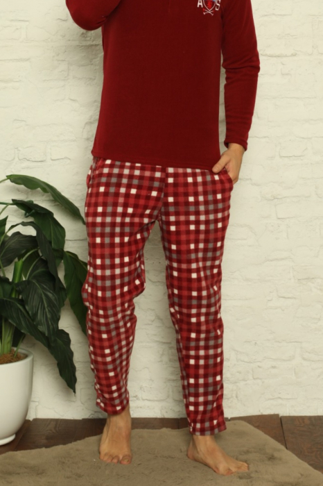 Pijama barbat, material soft polar moale si calduros, maneci lungi, pantaloni cu buzunare carouri, visiniu [2]