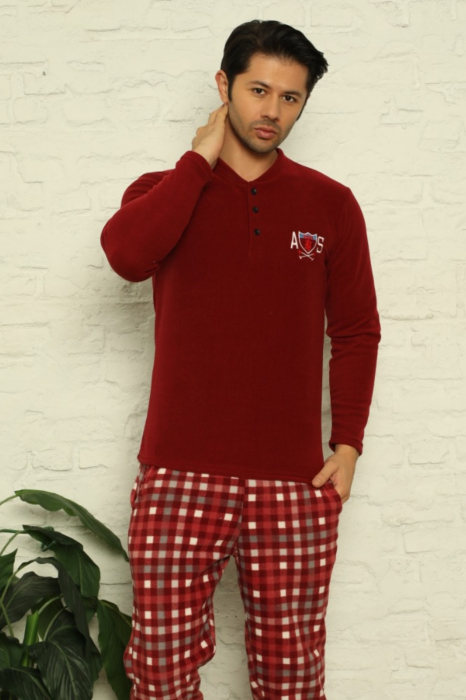 Pijama barbat, material soft polar moale si calduros, maneci lungi, pantaloni cu buzunare carouri, visiniu [3]