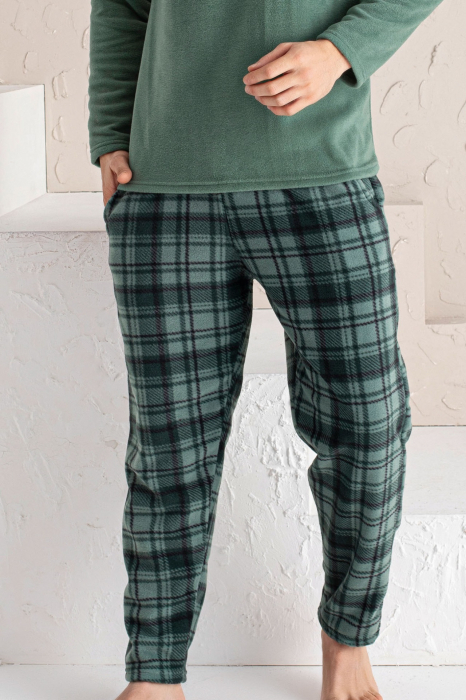 Pijama barbat, material soft polar moale si calduros, maneci si pantaloni lungi cu buzunare, verde [2]