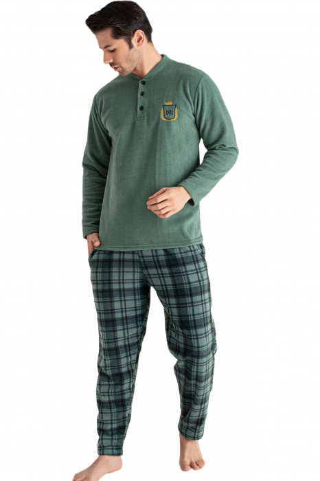 Pijama barbat, material soft polar moale si calduros, maneci si pantaloni lungi cu buzunare, verde [4]