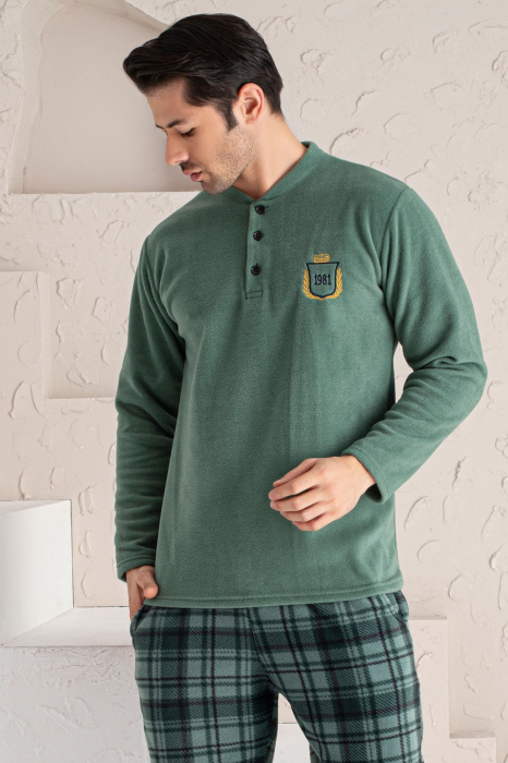 Pijama barbat, material soft polar moale si calduros, maneci si pantaloni lungi cu buzunare, verde [3]