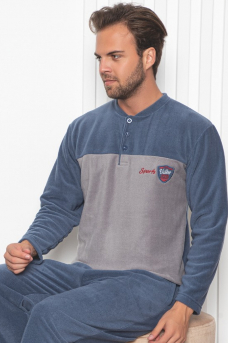 Pijama barbat soft polar moale si calduros, cu maneci si pantaloni lungi cu buzunare, albastru [2]