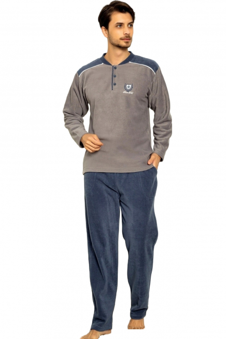 Pijama barbat soft polar moale si calduros, maneci si pantaloni lungi cu buzunare, gri/albastru [4]