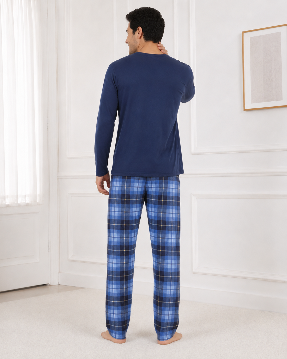 Pijama Barbati Bleumarin cu Pantaloni in Carouri Albastre, Maneca Lunga, Model Good Times [3]