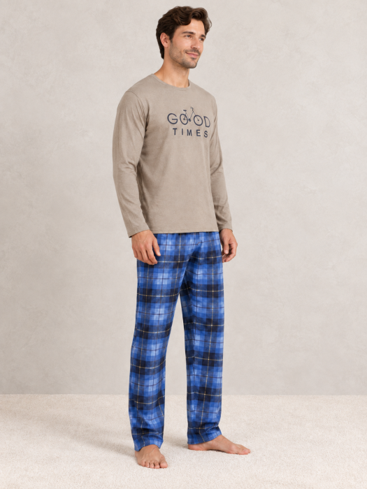 Pijama barbati cu bluza bej maneca lunga si pantaloni albastri in carouri, model Good Times [4]