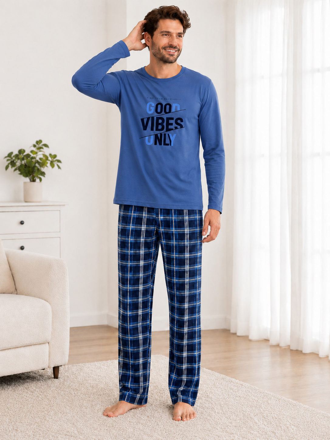 Pijama barbati albastra cu maneca lunga si pantaloni in carouri, Good Vibes [3]