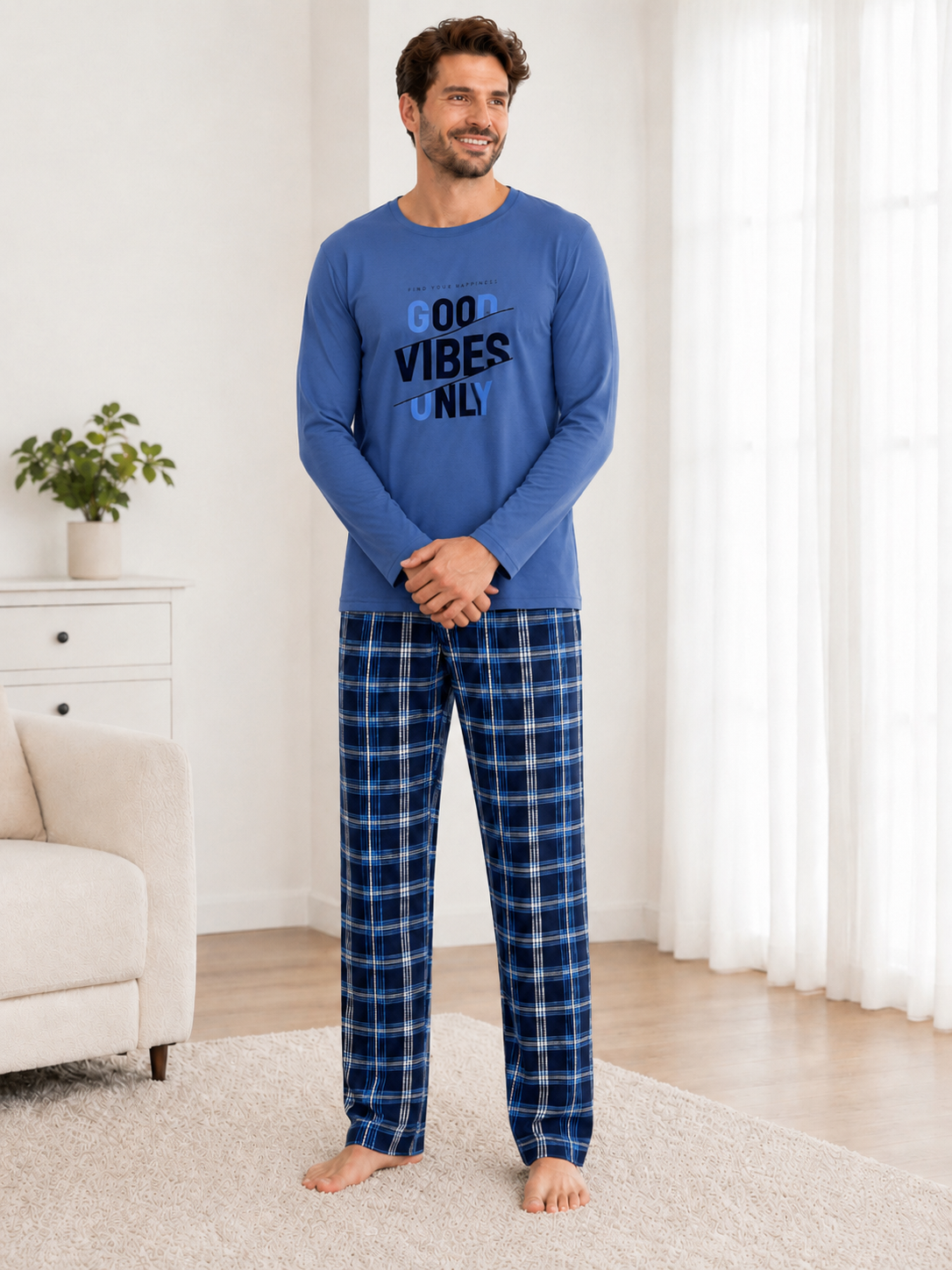 Pijama barbati albastra cu maneca lunga si pantaloni in carouri, Good Vibes [4]