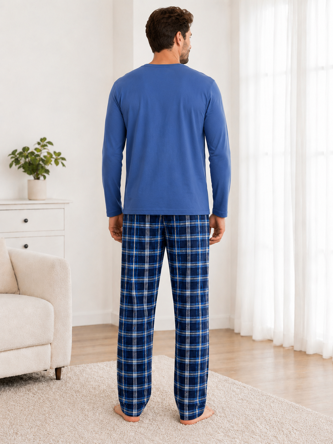 Pijama barbati albastra cu maneca lunga si pantaloni in carouri, Good Vibes [2]