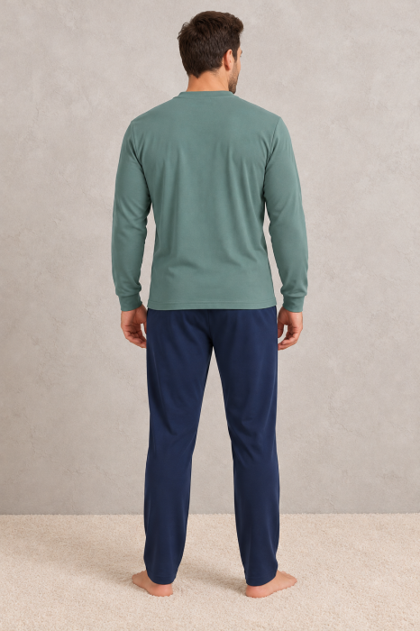 Pijama barbati din bumbac gros Interlock Premium, verde si bleumarin, maneca lunga [2]