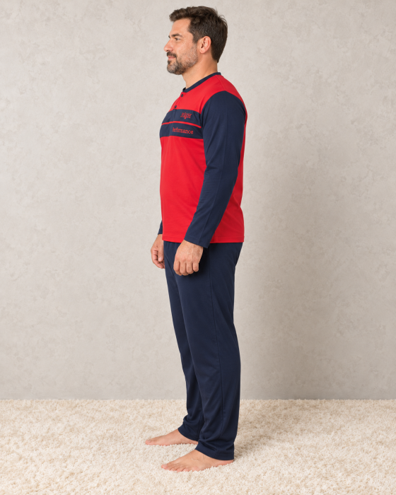 Pijama Barbati Bumbac Marimi Mari, Bluza Rosie cu Bleumarin si Pantaloni Lungi Bleumarin [3]