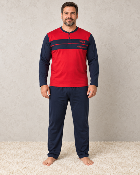 Pijama Barbati Bumbac Marimi Mari, Bluza Rosie cu Bleumarin si Pantaloni Lungi Bleumarin [2]