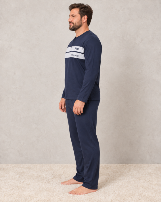 Pijama Barbati Bumbac Marimi Mari Bleumarin cu Maneca Lunga si Pantaloni Lungi [3]