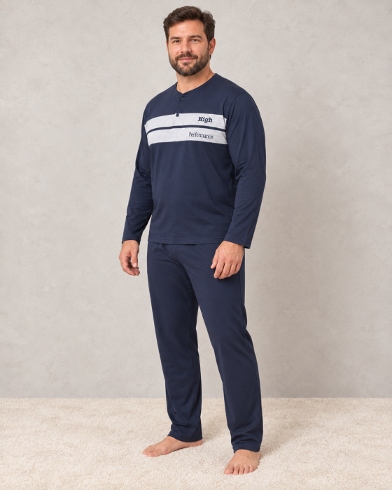 Pijama Barbati Bumbac Marimi Mari Bleumarin cu Maneca Lunga si Pantaloni Lungi [2]