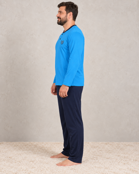 Pijama Barbati Bumbac Marimi Mari, Bluza Albastra cu Maneca Lunga si Pantaloni Bleumarin [3]