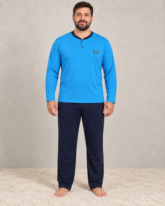 Pijama Barbati Bumbac Marimi Mari, Bluza Albastra cu Maneca Lunga si Pantaloni Bleumarin [4]