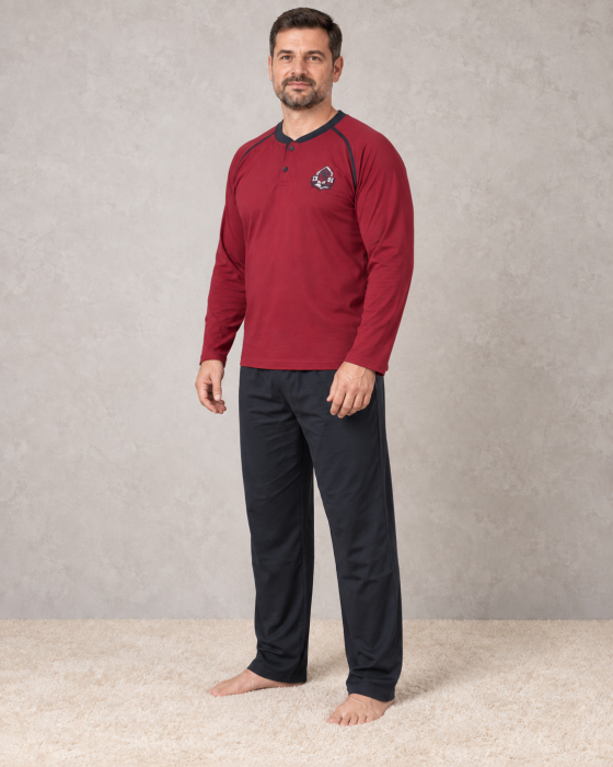 Pijama Barbati Bumbac Marimi Mari, Bluza Visinie cu Maneca Lunga si Pantaloni Bleumarin [4]