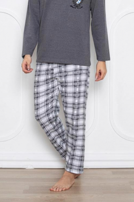 Pijama barbati bumbac vatuit, maneci si pantaloni lungi, gri inchis, embody.ro [2]