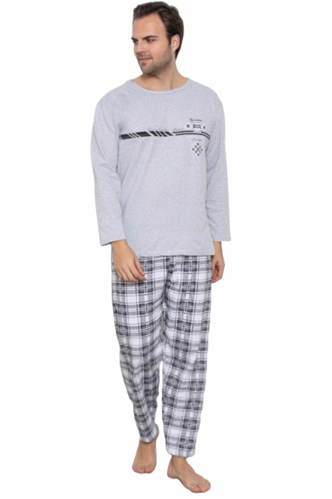 Pijama barbati bumbac vatuit, maneci si pantaloni lungi, style, gri deschis embody.ro [4]
