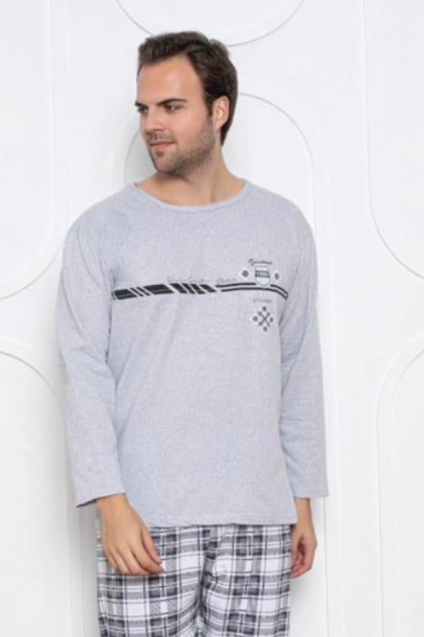 Pijama barbati bumbac vatuit, maneci si pantaloni lungi, style, gri deschis embody.ro [3]