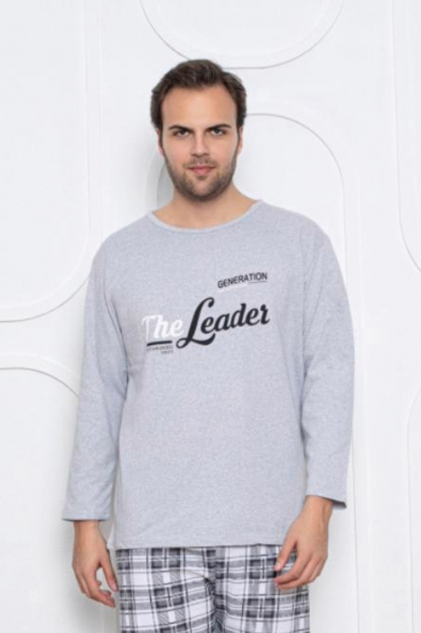 Pijama barbati bumbac vatuit, maneci si pantaloni lungi, the leader, gri deschis, embody.ro [3]