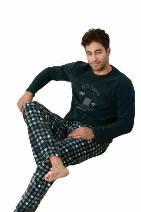 Pijama barbati cocolino, material pufos si calduros, Just Happy, verde inchis 9601, embody.ro [4]