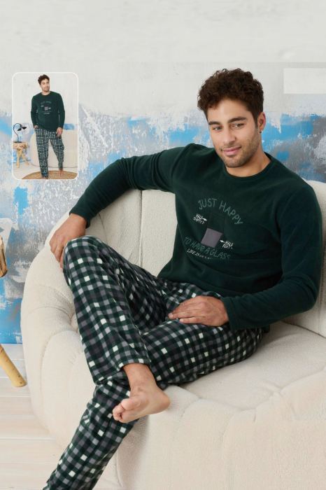 Pijama barbati cocolino, material pufos si calduros, Just Happy, verde inchis 9601, embody.ro [2]
