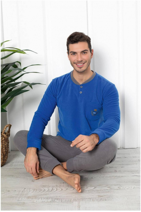 Pijama barbati cocolino, material soft polar pufos si calduros, albastru/gri, embody.ro [2]