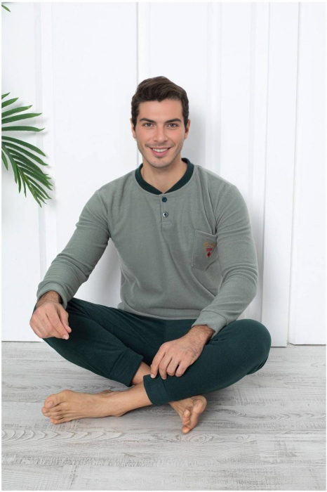 Pijama barbati cocolino, material soft polar moale si calduros, gri/kaki, embody.ro [2]