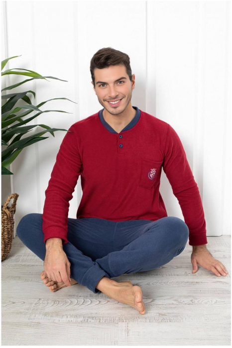 Pijama barbati cocolino, material soft polar pufos si calduros, visiniu/bleumarin, embody.ro [2]