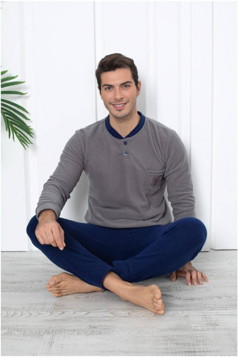 Pijama barbati cocolino, material pufos si calduros, gri/bleumarin 302, embody.ro [2]