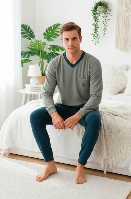 Pijama barbati cocolino polar, material fin, delicat si moale, gri/verde 87 [2]