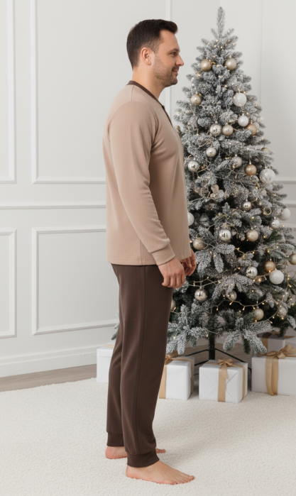 Pijama barbati cocolino polar, material fin, delicat si moale, maro 86 Craciun [3]