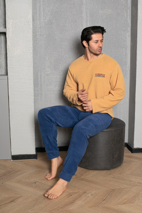 Pijama barbati cocolino polar, material fin, delicat si moale, bleumarin/galben 1091 [3]