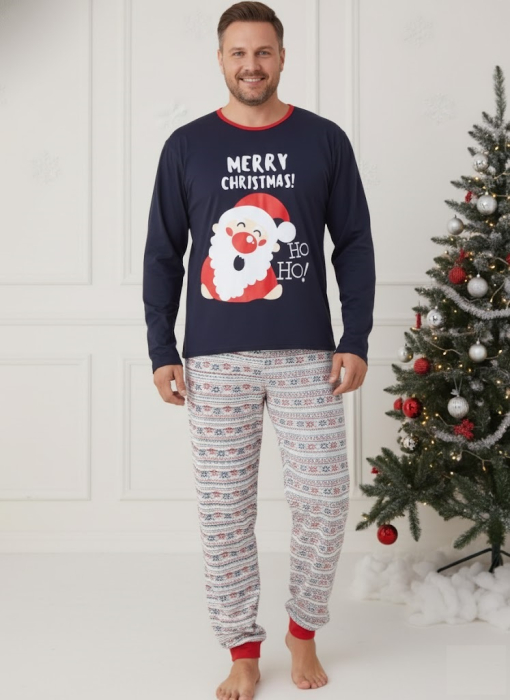 Pijama barbati Craciun din bumbac, maneci si pantaloni lungi, bleumarin 02002 [1]