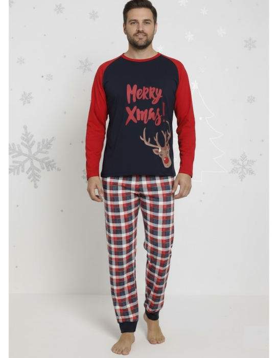 Pijama barbati Craciun din bumbac, maneci si pantaloni lungi, rosu/bleumarin 0009 [1]