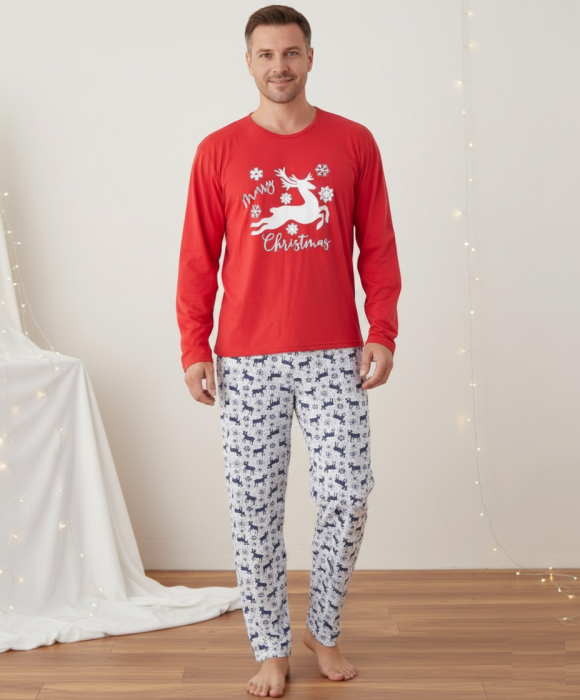 Pijama barbati Craciun din bumbac, maneci si pantaloni lungi, rosu 02019 [1]