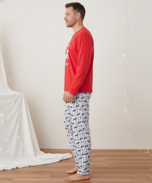 Pijama barbati Craciun din bumbac, maneci si pantaloni lungi, rosu 02019 [3]