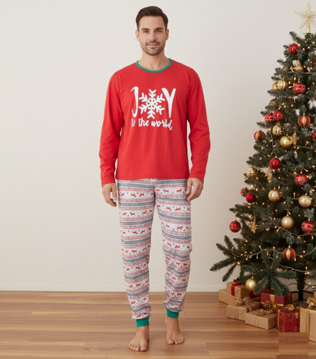 Pijama barbati Craciun din bumbac, maneci si pantaloni lungi, rosu 02012 [1]