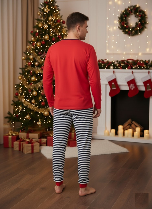 Pijama barbati Craciun din bumbac, maneci si pantaloni lungi, rosu 02014 [3]