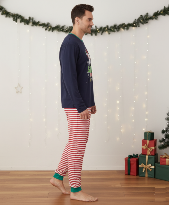 Pijama barbati Craciun din bumbac, maneci si pantaloni lungi, bleumarin 02001 [3]