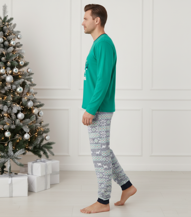 Pijama barbati Craciun din bumbac, maneci si pantaloni lungi, verde 02013 [3]