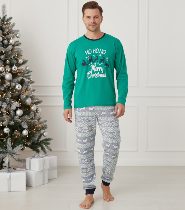 Pijama barbati Craciun din bumbac, maneci si pantaloni lungi, verde 02013 [1]