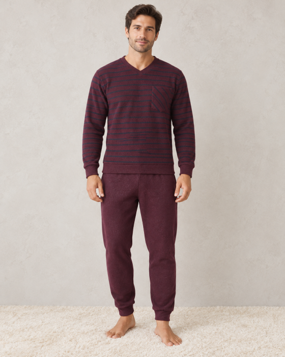 Pijama Barbati Vatuita Groasa de Iarna, Calduroasa, Bluza cu Dungi si Pantaloni Grena [3]