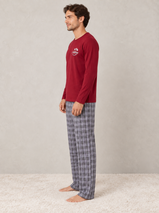Pijama barbati cu bluza bordo si pantaloni gri in carouri - pijama lunga confortabila pentru casa si somn [3]
